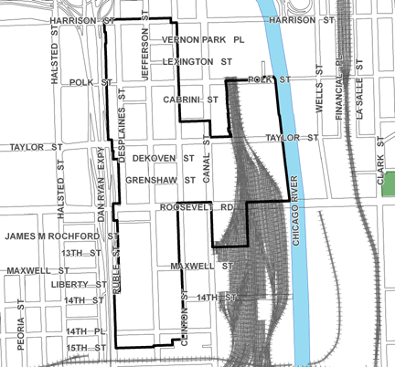 Jefferson/Roosevelt TIF district map, roughly bounded on the north by Harrison Street, 15th Street on the south, the Chicago River on the east, and the Dan Ryan Expressway on the west.